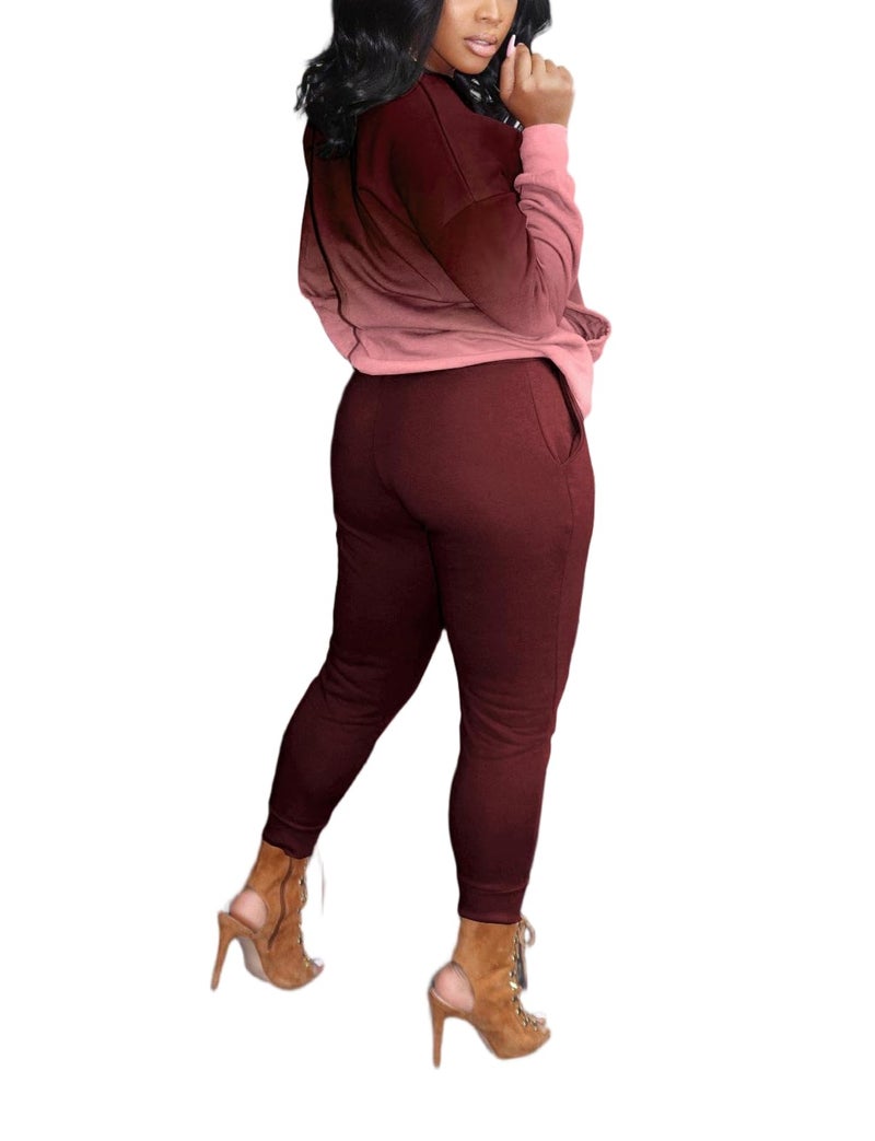 HBQ Two Piece Outfits For Women Casual Long Sleeve Sweatsuits Jogger Tracksuits Lounge Sets With Pockets-Wind Red Gradient-M - Image 5