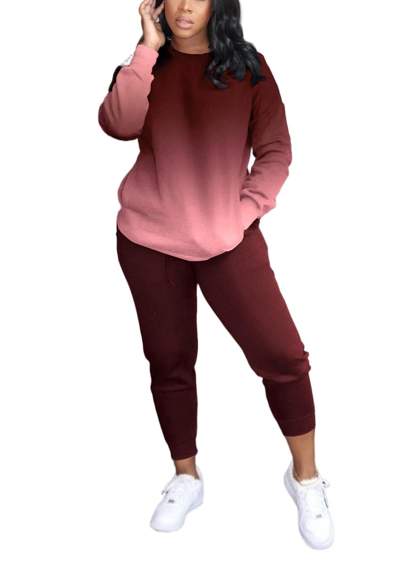 HBQ Two Piece Outfits For Women Casual Long Sleeve Sweatsuits Jogger Tracksuits Lounge Sets With Pockets-Wind Red Gradient-M - Image 1
