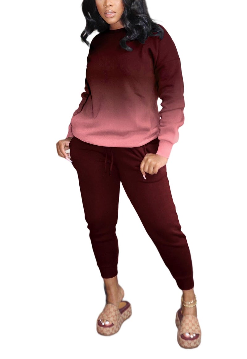 HBQ Two Piece Outfits For Women Casual Long Sleeve Sweatsuits Jogger Tracksuits Lounge Sets With Pockets-Wind Red Gradient-M - Image 4