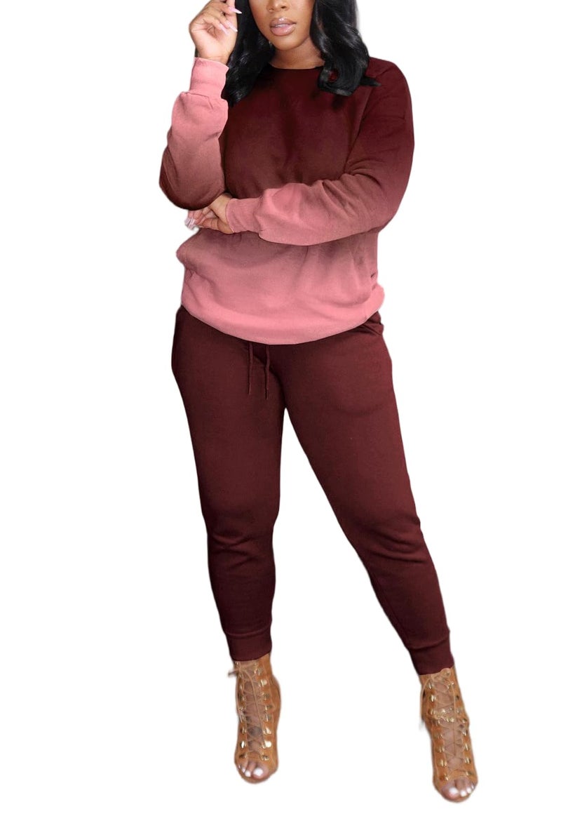 HBQ Two Piece Outfits For Women Casual Long Sleeve Sweatsuits Jogger Tracksuits Lounge Sets With Pockets-Wind Red Gradient-M - Image 2