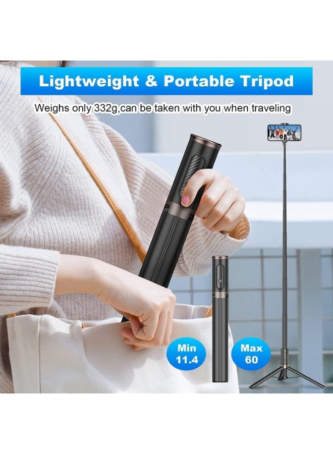 حامل ثلاثي القوائم عصا سيلفي للموبايل 60 بوصة، حامل ثلاثي القوائم للهواتف الذكية الكل في واحد مع جهاز تحكم لاسلكي مدمج، محمول وخفيف الوزن وقابل للتمديد لأجهزة ايفون واندرويد مقاس 4-7 بوصة (أسود) - Image 3