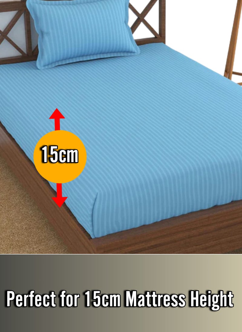 Blueberry Sky Blue Cotton Single Striped Fitted Elastic Bedsheet Set 120x200+15cm - Image 2