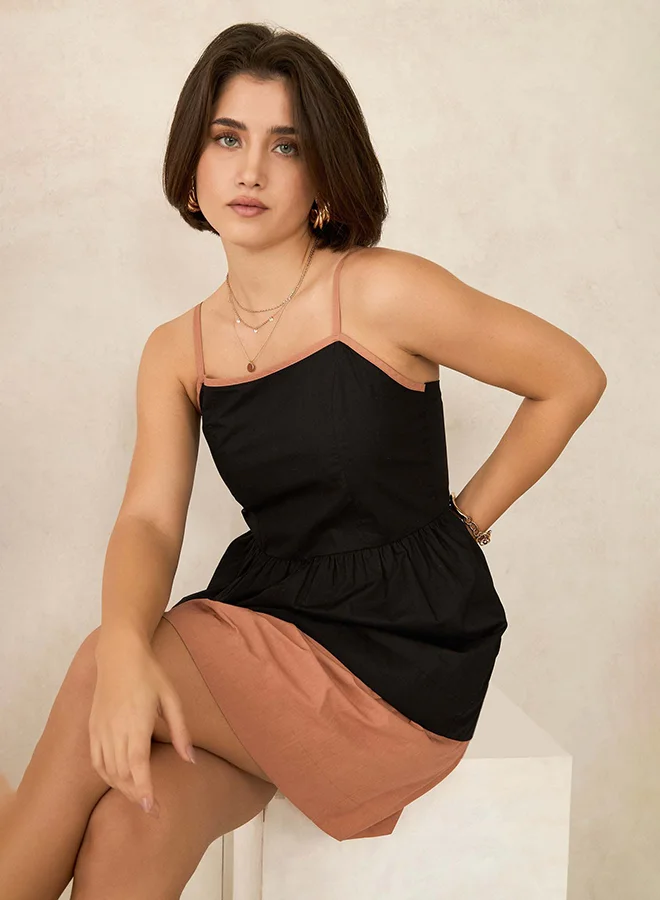 فيرجيو VIRGIO 100% Cotton Colour Block Layered Mini Dress