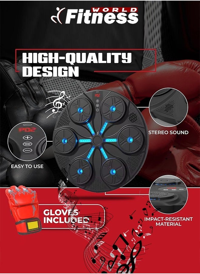 Fitness World - Wall Mounted Electronic Boxing Machine, Bluetooth LED Light with USB Charging, Musical Boxing Machine with 9 Interaction Training Modes with Boxing Gloves for Kickboxing, Karate, Gym Training CY-95488 - Image 1