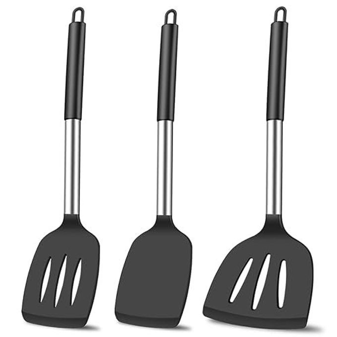 KLAQQED 3Pcs Silicone Spatula Set Heat Resistant Spatulas for Nonstick Cookware Fish Turner Plastic Spatulas Rubber Wok Spatula, Long Large Spatula Silicone Cooking Use Kitchen Utensils Set