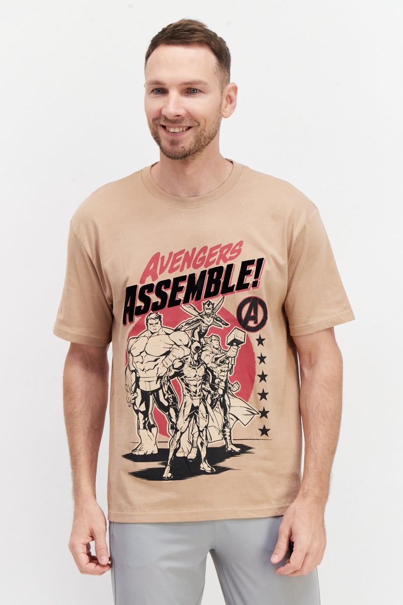 MARVEL Men Crew Neck Short Sleeve Graphic Print T-Shirt, Tan - Image 1