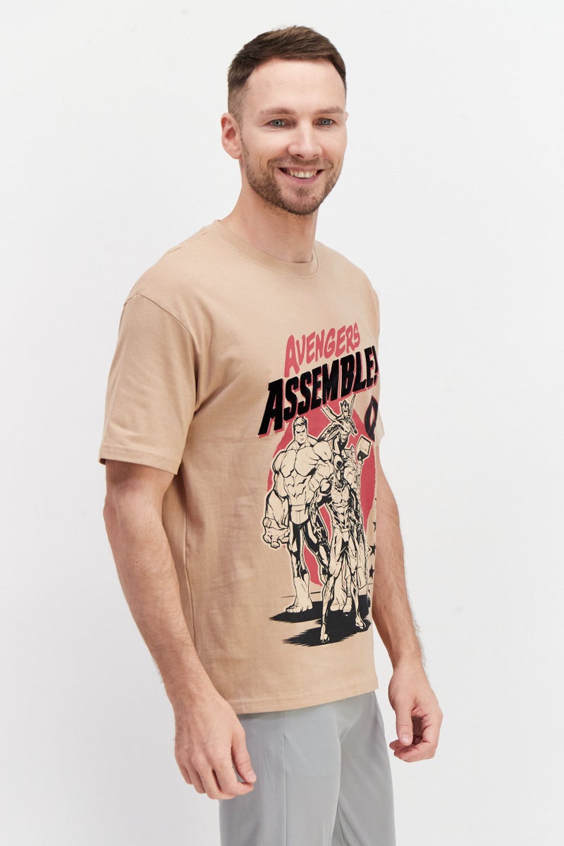 MARVEL Men Crew Neck Short Sleeve Graphic Print T-Shirt, Tan - Image 3