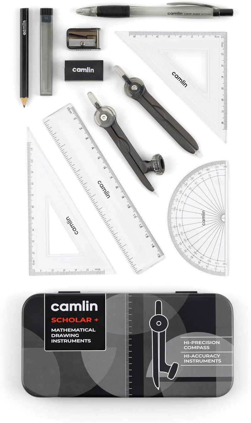 Camlin Mathematical Drawing Instruments Scholar (4899168): Compass, Protractor, Set Squares, Divider, Pencil, Eraser, Sharpener, Scale, 0.7 mm Mechanical Pencil & Lead. - Image 1