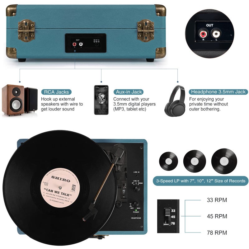 Retrolife Vinyl Record Player 3-Speed Bluetooth Suitcase Portable Belt-Driven Record Player with Built-in Speakers RCA Line Out AUX in Headphone Jack Vintage Turntable Coral Blue - Image 3