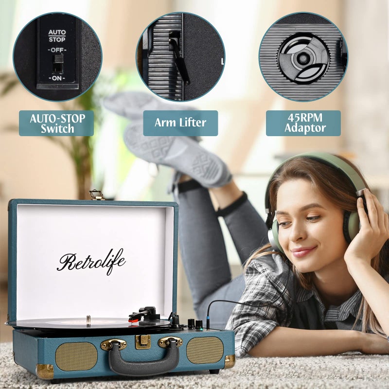 Retrolife Vinyl Record Player 3-Speed Bluetooth Suitcase Portable Belt-Driven Record Player with Built-in Speakers RCA Line Out AUX in Headphone Jack Vintage Turntable Coral Blue - Image 5