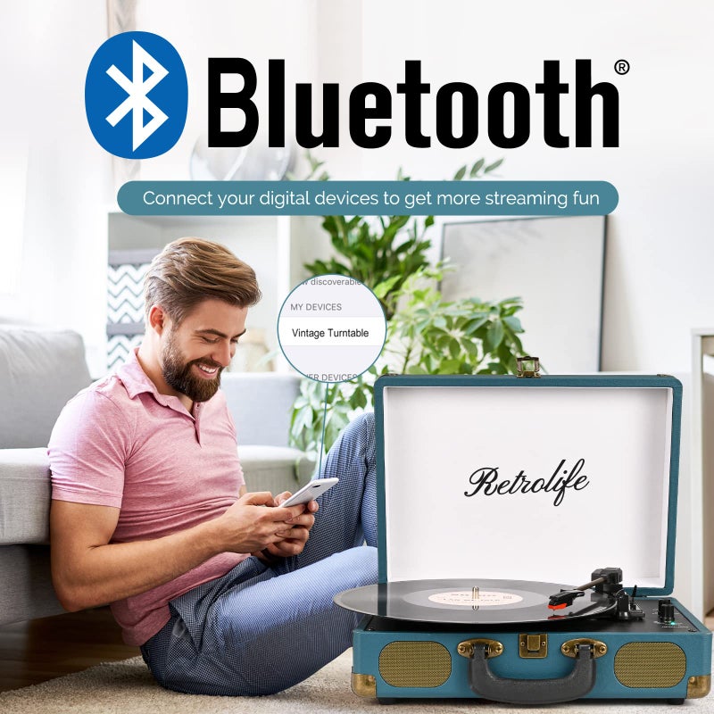 Retrolife Vinyl Record Player 3-Speed Bluetooth Suitcase Portable Belt-Driven Record Player with Built-in Speakers RCA Line Out AUX in Headphone Jack Vintage Turntable Coral Blue - Image 2