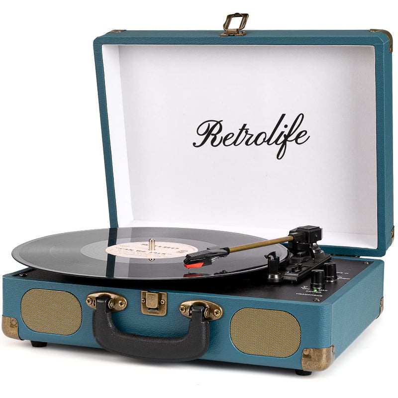 Retrolife Vinyl Record Player 3-Speed Bluetooth Suitcase Portable Belt-Driven Record Player with Built-in Speakers RCA Line Out AUX in Headphone Jack Vintage Turntable Coral Blue - Image 1