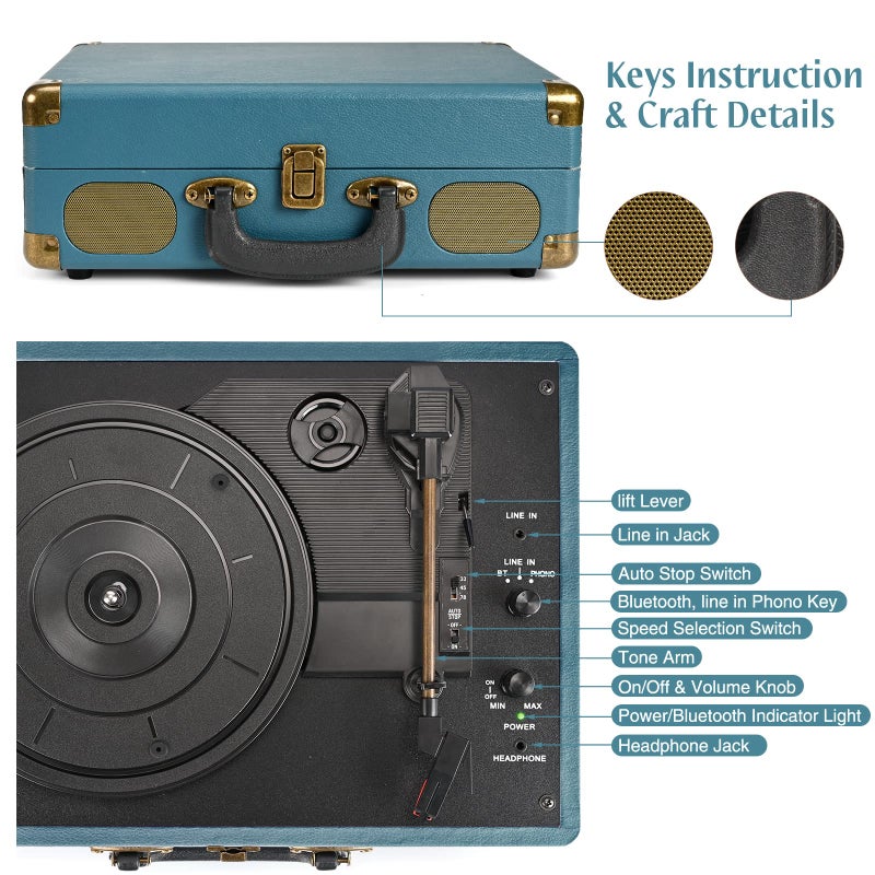 Retrolife Vinyl Record Player 3-Speed Bluetooth Suitcase Portable Belt-Driven Record Player with Built-in Speakers RCA Line Out AUX in Headphone Jack Vintage Turntable Coral Blue - Image 4