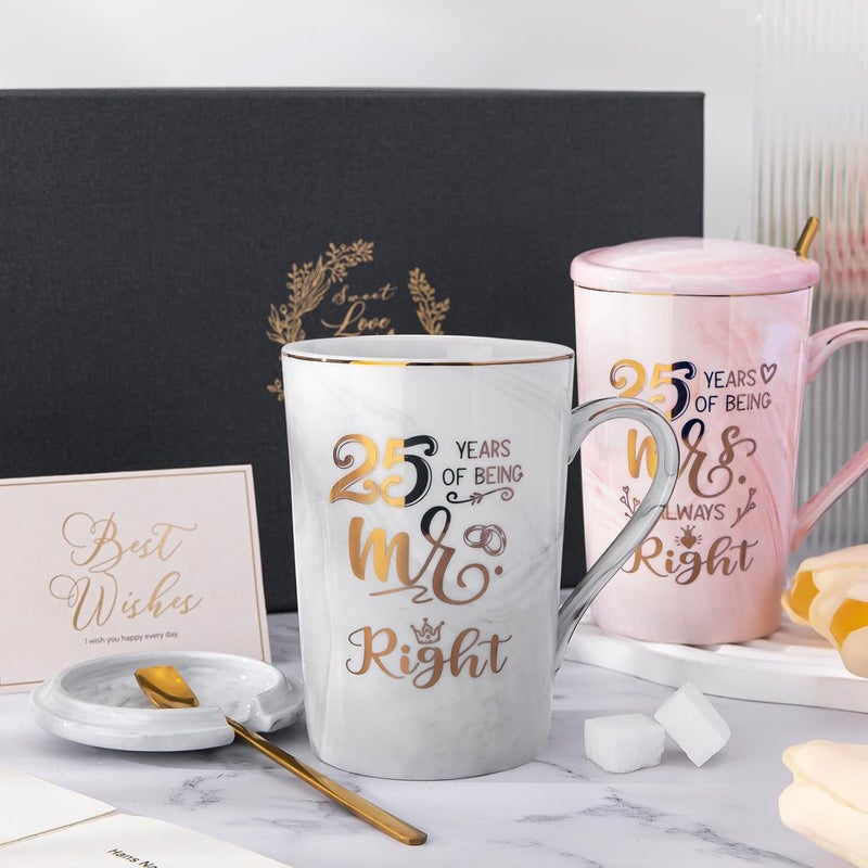 ALBISS Detachable clean 25th Wedding Anniversary Gifts for Couple, Unique Coffee Mugs Set, 14oz Ceramic Marble Cups With Lid, Spoons, Card, Gift Box Ideas Gift Mr Right Mrs Always Right for Married Couples, Anniversary Flexible purchase choices - Image 5