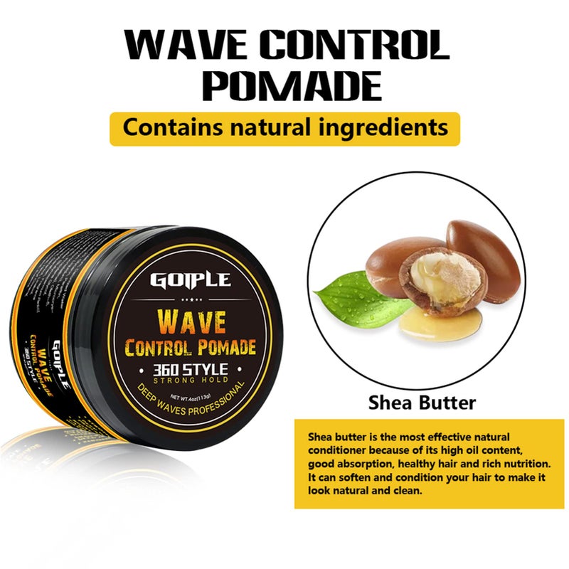 Goiple Natural Wave Pomade for Men Strong Hold, Easy Wash 360 Wave Training Hair Cream, Waves Grease for Men Promotes Layered Waves, Moisture, Control & Shine (Wave Pomade+Wave Brushes*2+ Silky Durag) - Image 2