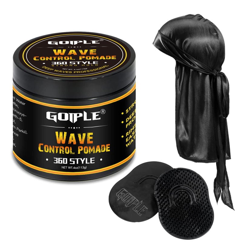 Goiple Natural Wave Pomade for Men Strong Hold, Easy Wash 360 Wave Training Hair Cream, Waves Grease for Men Promotes Layered Waves, Moisture, Control & Shine (Wave Pomade+Wave Brushes*2+ Silky Durag) - Image 1