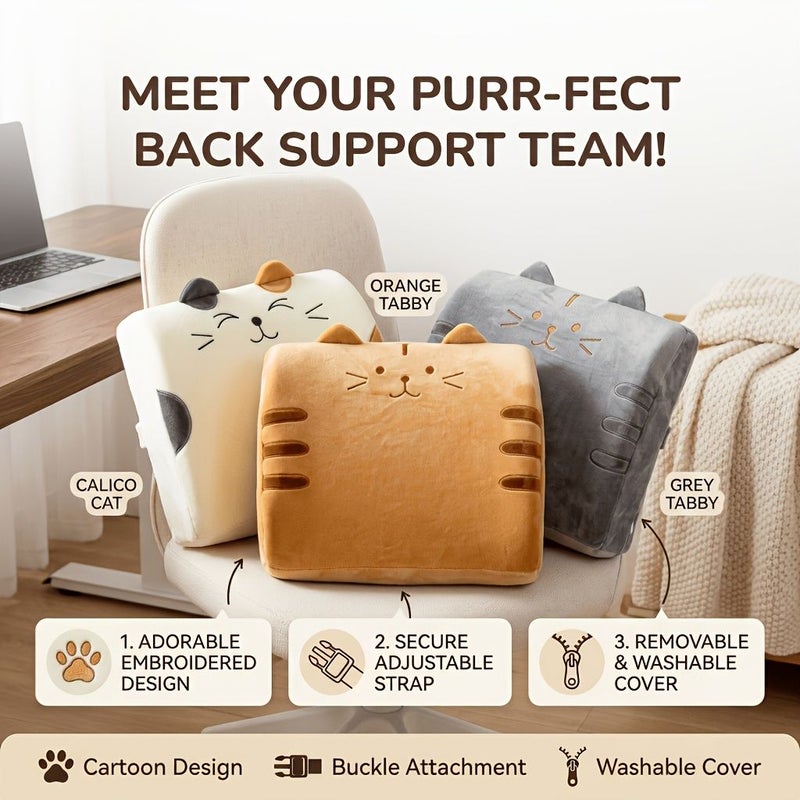 Tabby Cat Lumbar Support Cushion for Chair Sofa Backrest With Adjustable Strap - Image 1