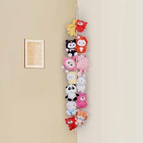 Poefditev Stuffed Animal Storage Chain Boho Room Decor Hanging Stuffed Animal Holder with 20 Metal Clips Macrame Plush Toy Corner Organizer for Kids Baby Nursery Bedroom Playroom Wall Decor - Image 1