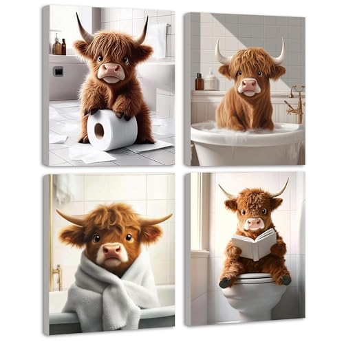 KUVIOKE Cute Highland Cow Bathroom Framed Wall Art Funny Animal Rustic Bathroom Canvas Prints Restroom Farmhouse Ready to Hang Set of 4 8x10in Framed - Image 1