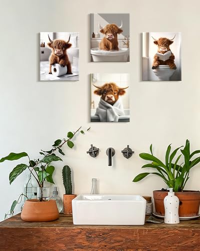 KUVIOKE Cute Highland Cow Bathroom Framed Wall Art Funny Animal Rustic Bathroom Canvas Prints Restroom Farmhouse Ready to Hang Set of 4 8x10in Framed - Image 3