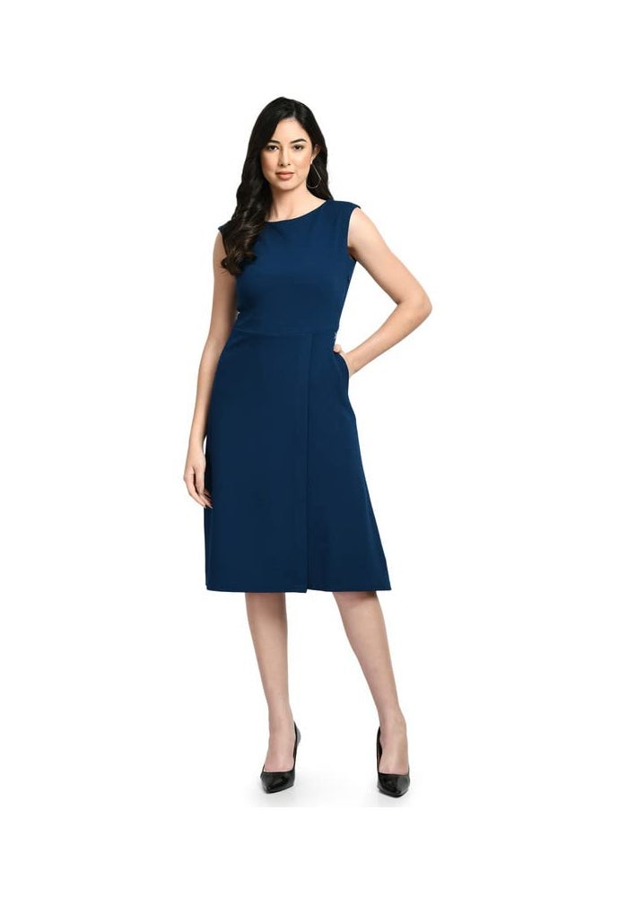 Exude Royal Blue A-Line Midi Dress for Women - Image 1