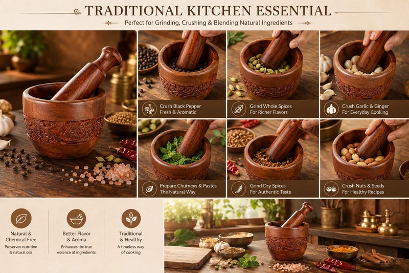 PEBBLECRAFTS Handmade Wooden Kitchen Okhli Masher Mortar Pestle with intense carving Wooden Imam Dasta | Wooden Ohkli Musal | Wooden Kharal | khalbatta - Image 5