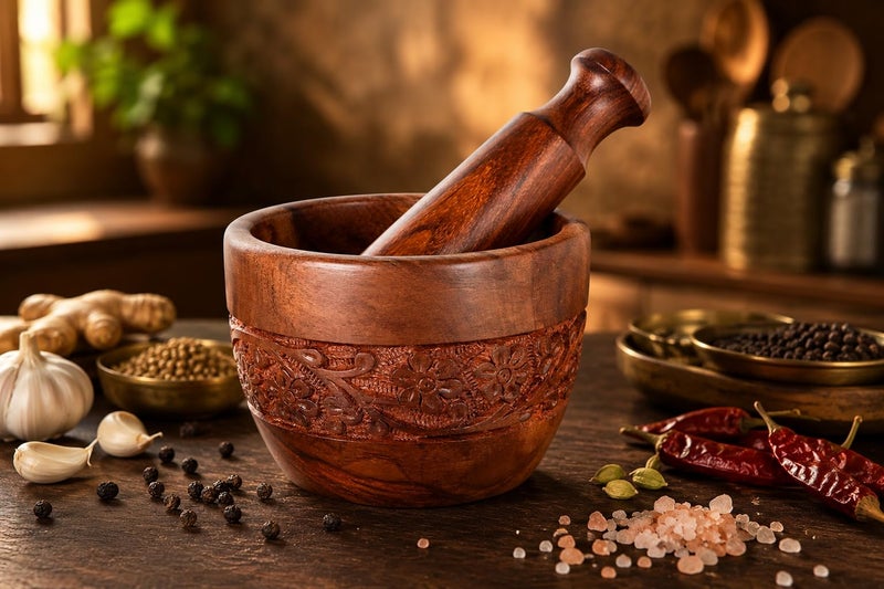 PEBBLECRAFTS Handmade Wooden Kitchen Okhli Masher Mortar Pestle with intense carving Wooden Imam Dasta | Wooden Ohkli Musal | Wooden Kharal | khalbatta - Image 1