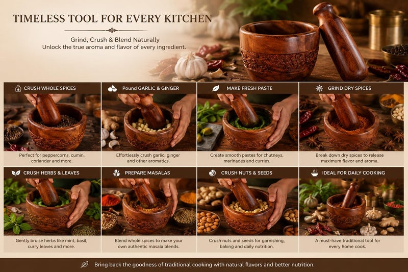 PEBBLECRAFTS Handmade Wooden Kitchen Okhli Masher Mortar Pestle with intense carving Wooden Imam Dasta | Wooden Ohkli Musal | Wooden Kharal | khalbatta - Image 4