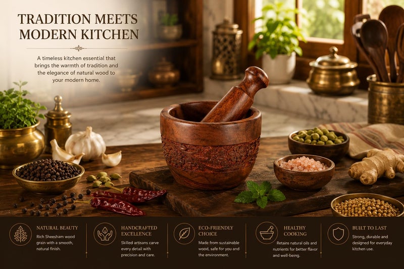 PEBBLECRAFTS Handmade Wooden Kitchen Okhli Masher Mortar Pestle with intense carving Wooden Imam Dasta | Wooden Ohkli Musal | Wooden Kharal | khalbatta - Image 2