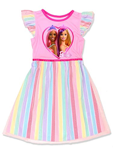 Barbie Girl's Rainbow Dress Up Fantasy Gown Nightgown Pajamas (4, Pink) - Image 1