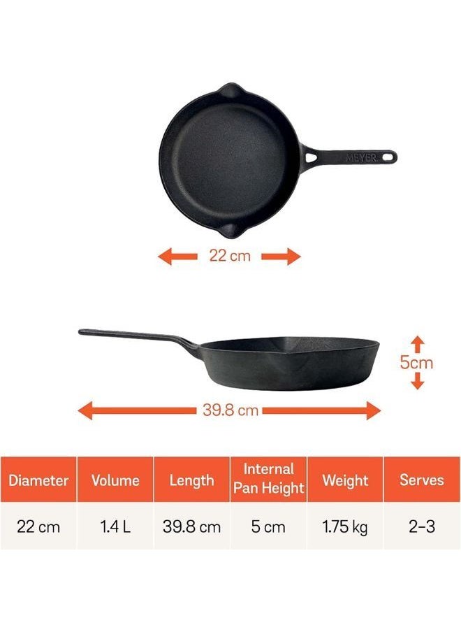 MEYER Cast Iron Skillets 22cm Pre-Seasoned Oven Safe Cookware Indoor/Outdoor Use For Camping Grill, Stovetop, Broiler, BBQ, Fire Pit, Gas, And Induction Safe Cast Iron Frying Pan Black  - Image 2