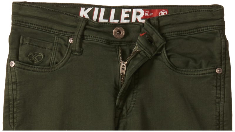 KILLER Junior Olive Solid Slim Fit Cotton Blended 5 Pocket Jeans for Kids - Image 3