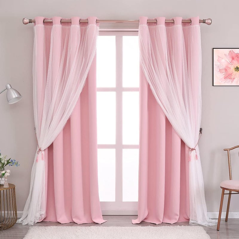 SOFJAGETQ Blackout Sheer Curtains Set - Double Layers Stylish Mix & Match Elegance White Crushed Voile x Blackout Curtains with Tie-Backs for Nursery Bedroom, 52 by 108 inches, Light Pink, 2 PCs - Image 1