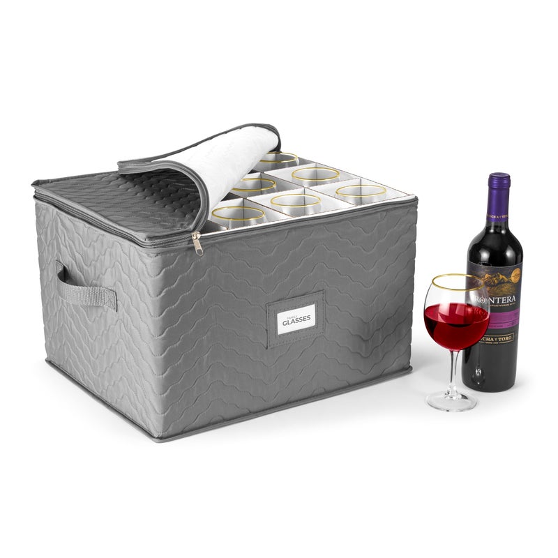 Sorbus Sorbus Stemware Storage Chest  Deluxe Quilted Case with Dividers  Service for 12  Great for Protecting or Transporting Wine Glasses Champagne Flutes Goblets and more Storage Glass  Gray 