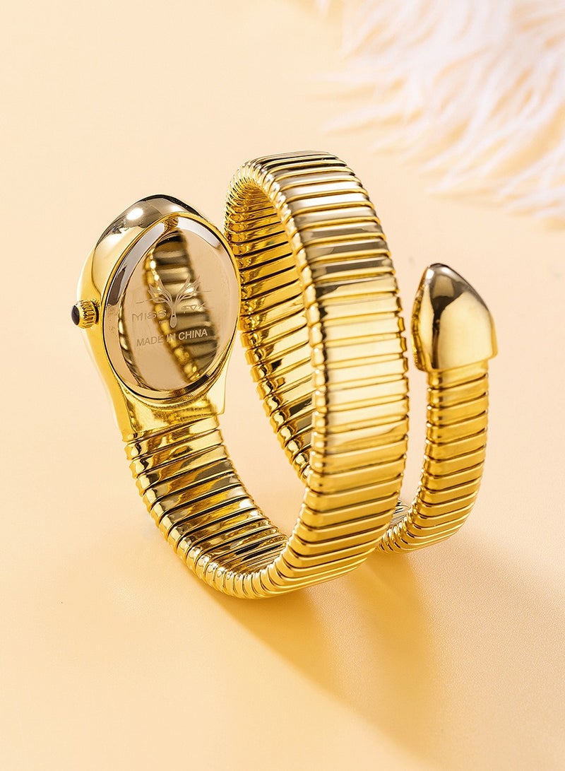 مس_فوكس ساعة نسائية أنيقة بقرص رأس ثعبان وحزام مطاطي ملفوف ساعة كوارتز على شكل ثعبان - Image 3