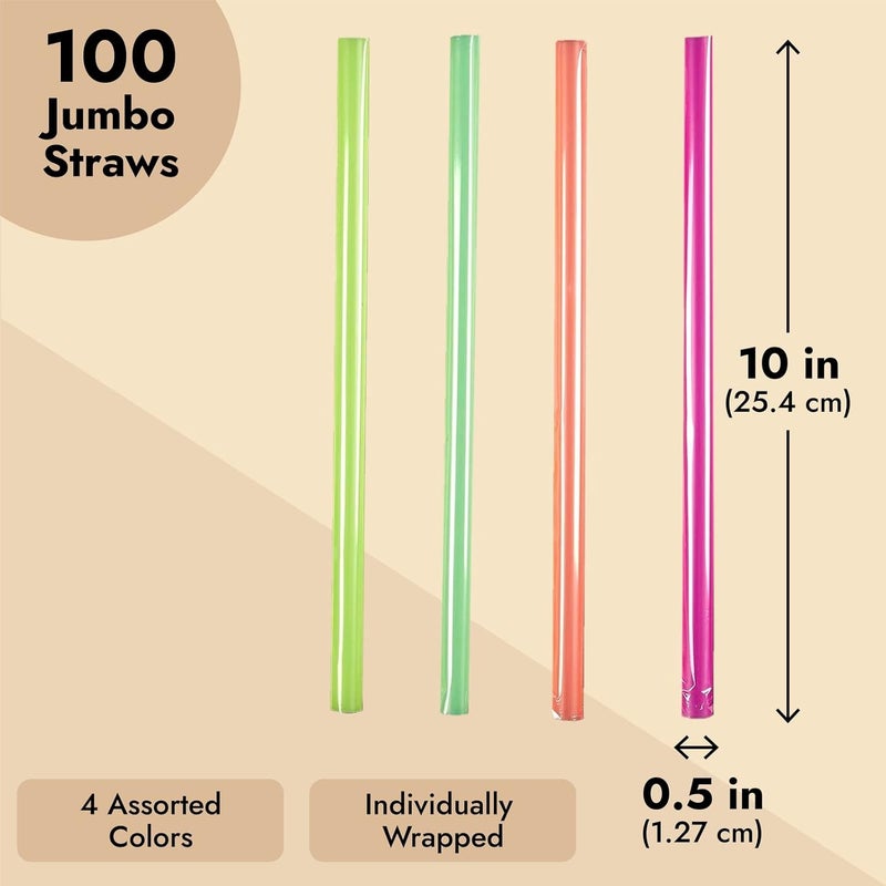 Juvale 100 Disposable Plastic Drinking Straw  Individually Wrapped Jumbo Smoothie Straws for Boba Fruit Milkshakes  Bubble Tea 4 Colors 05Inch Diameter 10Inch Length - Image 4