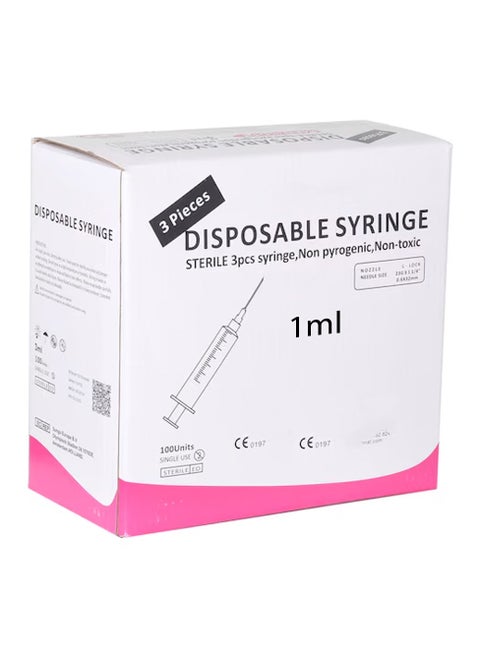 Pack of 100 Disposable Syringe 1ml With 26g x 1/2" Needle Leur Lock (0.45x13mm) | Non pyrogenic + Non Toxic