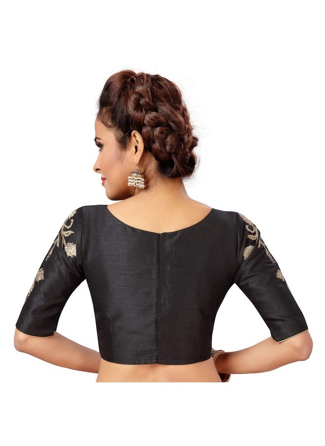 Studio Shringaar - Studio Shringaar Women's Polyester Embroidered Readymade Saree Blouse With Elbow Length Sleeves (Black, 34) - Image 1