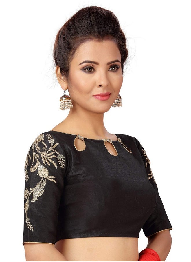 Studio Shringaar - Studio Shringaar Women's Polyester Embroidered Readymade Saree Blouse With Elbow Length Sleeves (Black, 34) - Image 1