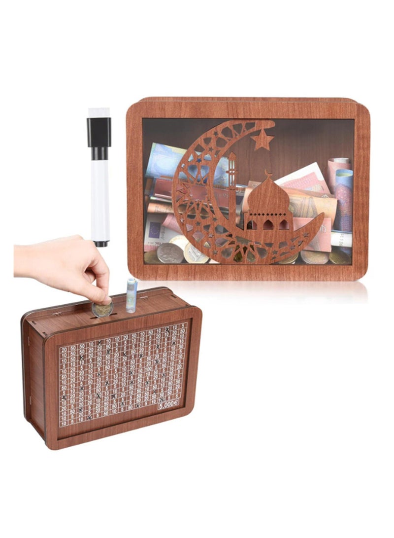 Excefore Money Box with Counter, Reusable Wooden Money Box, Retro Money Bank with 500 1000 2000 3000 5000 10000 Money Saving Target, Wooden Money Bank for Kids Adults to Create Emergency Fund - Image 1