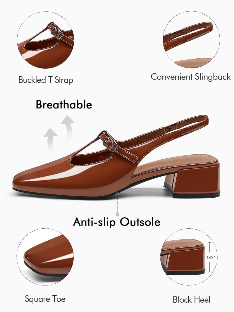 Coutgo Womens Mary Jane Slingback Low Heels T Strap Chunky Heel Closed Toe Pumps Wedding Party Dress Shoes, Brown, Size 8.5 - Image 5