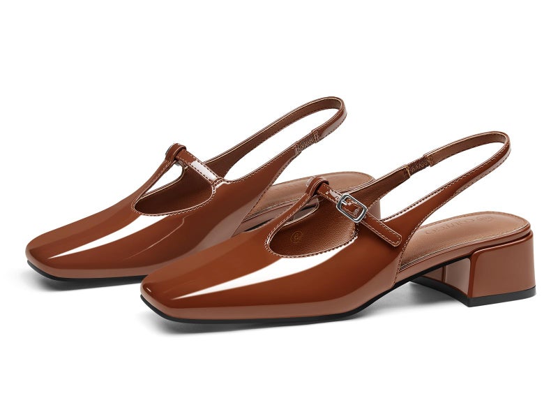 Coutgo Womens Mary Jane Slingback Low Heels T Strap Chunky Heel Closed Toe Pumps Wedding Party Dress Shoes, Brown, Size 8.5 - Image 1