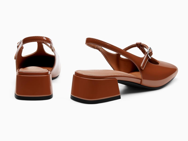 Coutgo Womens Mary Jane Slingback Low Heels T Strap Chunky Heel Closed Toe Pumps Wedding Party Dress Shoes, Brown, Size 8.5 - Image 4