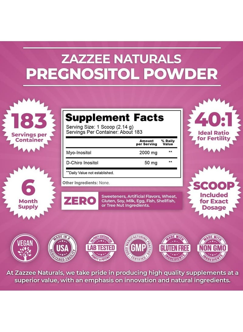Zazzee Zazzee PREGNOSITOL Powder, 6 Month Supply, Myo-Inositol and D-Chiro-Inositol 40:1 Fertility Blend, Free Scoop for Exact Dosage, Premium Balanced Formula, 183 Servings, Vegan, All-Natural and Non-GMO  - Image 2