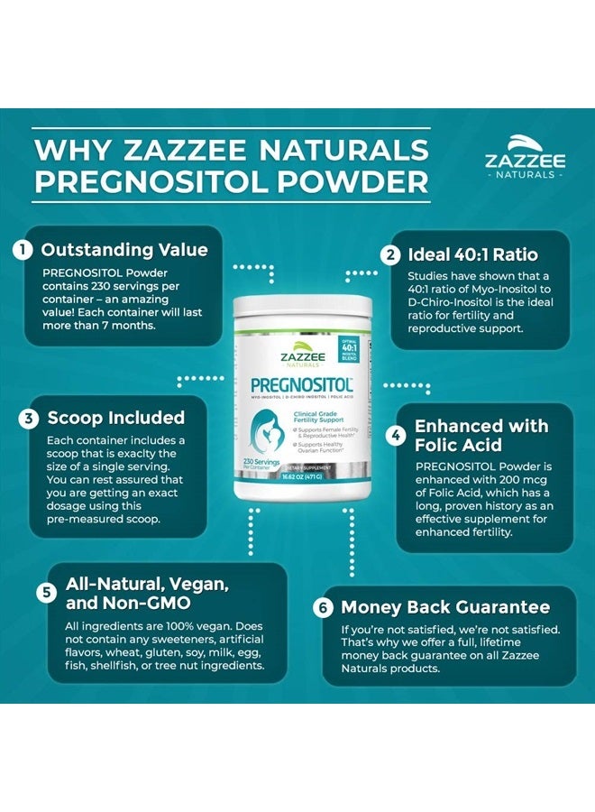 Zazzee PREGNOSITOL Powder, 6 Month Supply, Myo-Inositol and D-Chiro-Inositol 40:1 Fertility Blend, Free Scoop for Exact Dosage, Premium Balanced Formula, 183 Servings, Vegan, All-Natural and Non-GMO