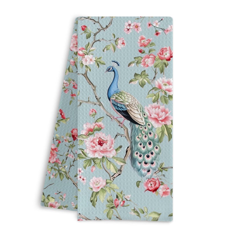 Qpenm Chinoiserie Floral Peacock Kitchen Towels - Blue Decorative Hand Towels for Kitchen and Bathroom Decor - 16x24 Inches - Image 1