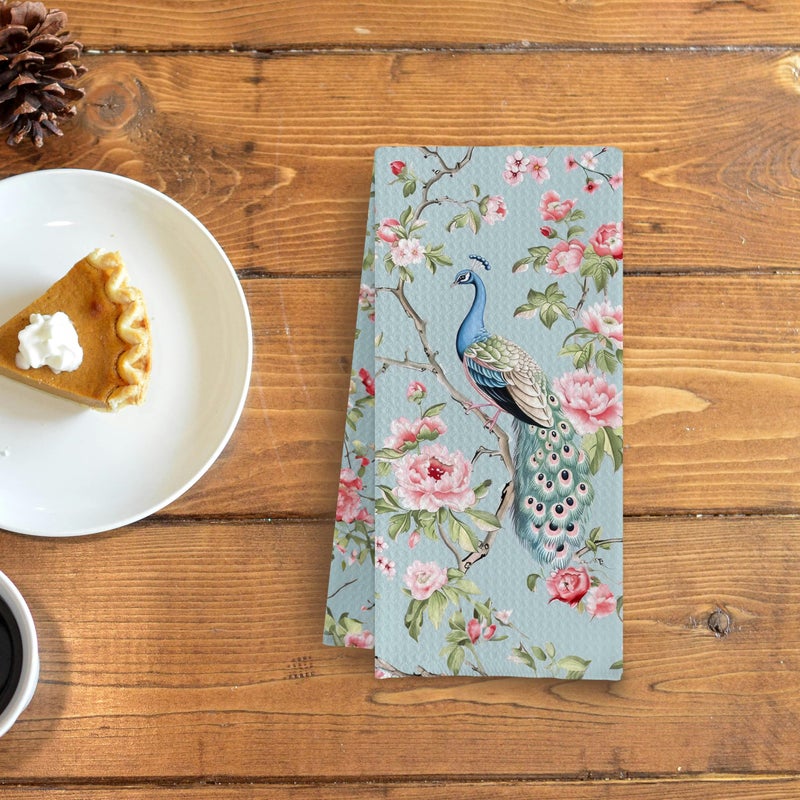 Qpenm Chinoiserie Floral Peacock Kitchen Towels - Blue Decorative Hand Towels for Kitchen and Bathroom Decor - 16x24 Inches - Image 3