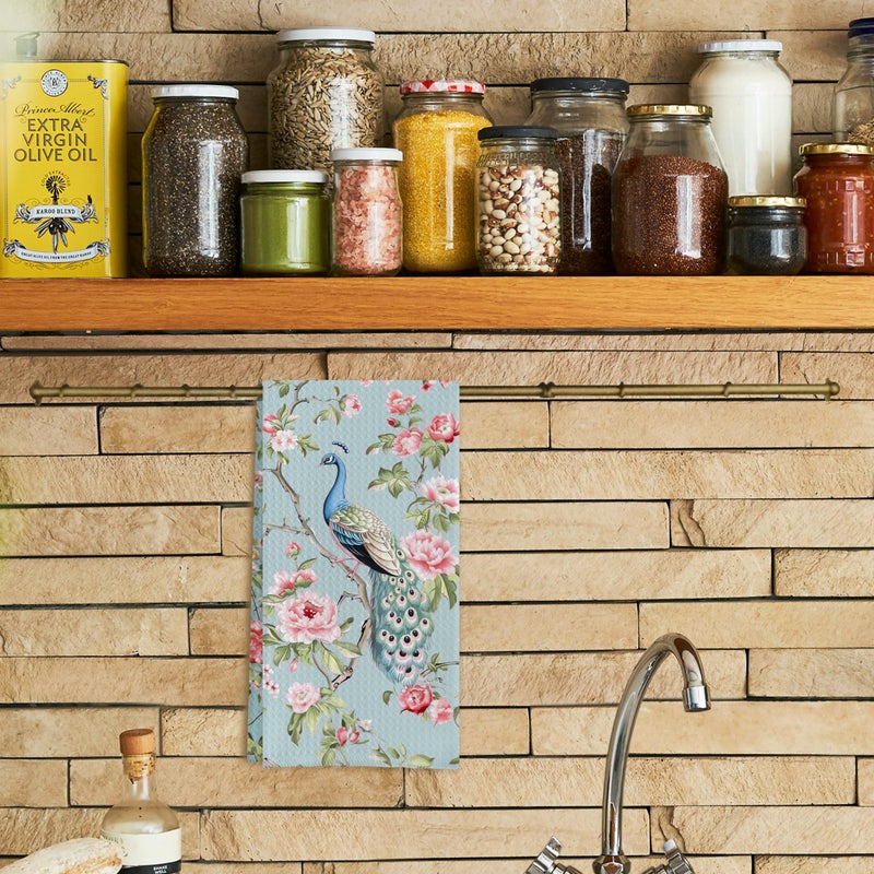 Qpenm Chinoiserie Floral Peacock Kitchen Towels - Blue Decorative Hand Towels for Kitchen and Bathroom Decor - 16x24 Inches - Image 2