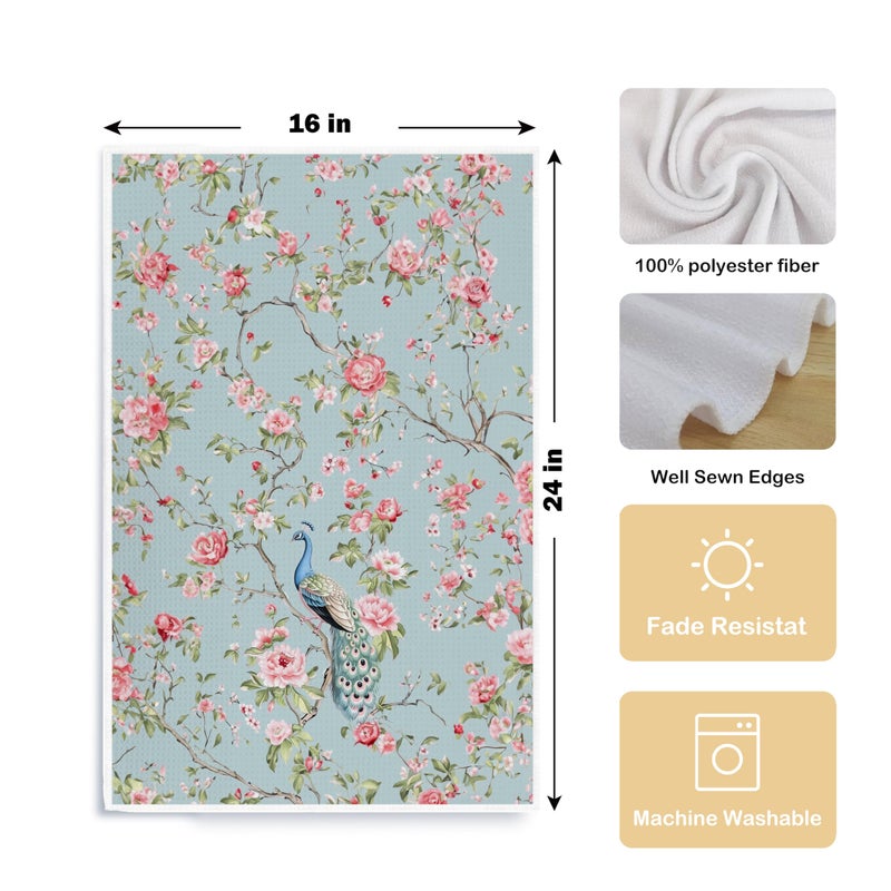 Qpenm Chinoiserie Floral Peacock Kitchen Towels - Blue Decorative Hand Towels for Kitchen and Bathroom Decor - 16x24 Inches - Image 5