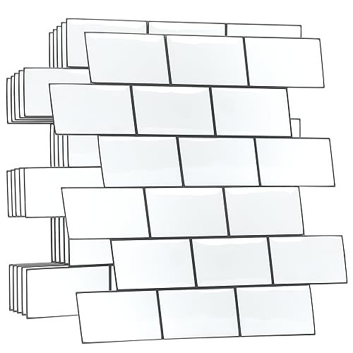 WALPLUS 20 Sheets Peel and Stick Kitchen Backsplash Tile Stickers Self Adhesive Stick on Subway Tile 12 x 6 Bathroom Splashback Water Heat Resistant 3D Wall Tiles Pure White Gray